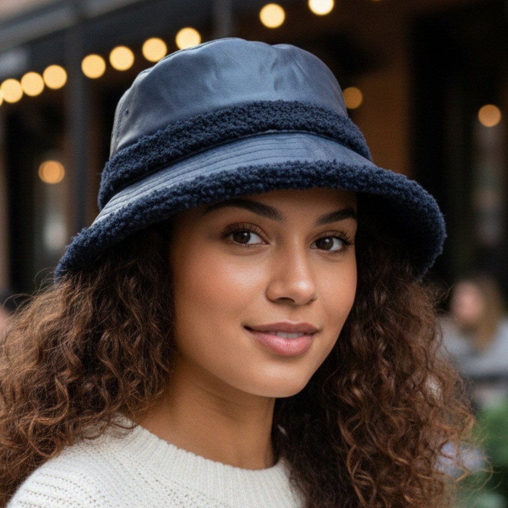 CC Beanie Womens Indigo Blue Faux Leather Sherpa Trim Bucket Hat Winter NWT NWT